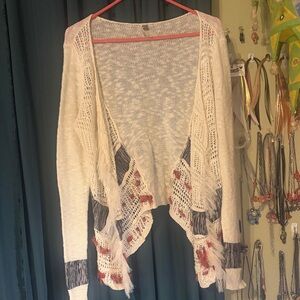 BKE Women's Open-Front Cardigan - Cream, Gray, and Red